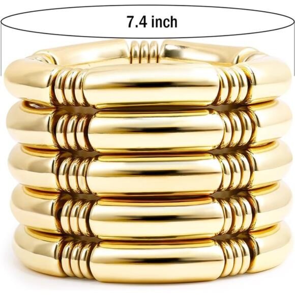 Gold Chunky Bangles Bracelets For Women 14k Gold Plated Stack Layered Curved - Picture 2 of 7